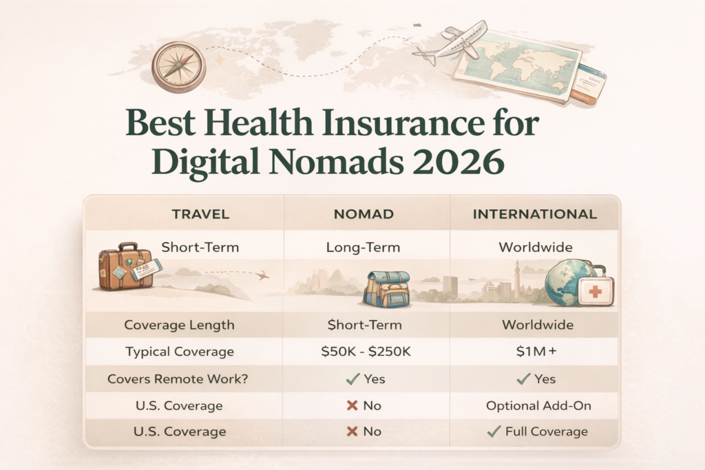 Comparison of travel insurance vs digital nomad insurance vs international health insurance in 2026